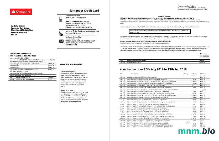 Hiszpania Santander karta kredytowa dowód adresu wyciąg bankowy w formacie Word i PDF